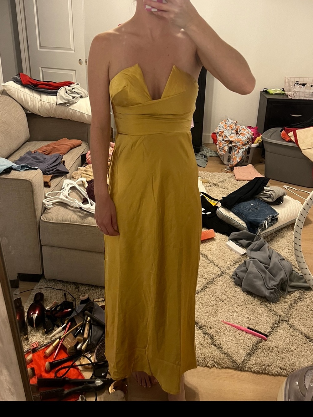 Selfie Leslie Strapless Satin Dress in Gold